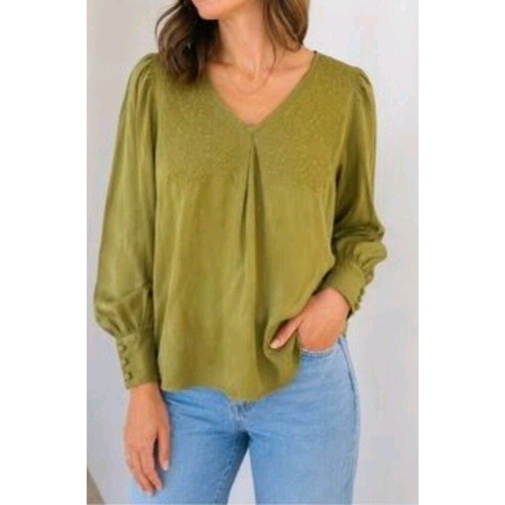 Joie Womens Sz Large Embroidered Puff Sleeves VNeck Lyocell Blouse Olive Green
